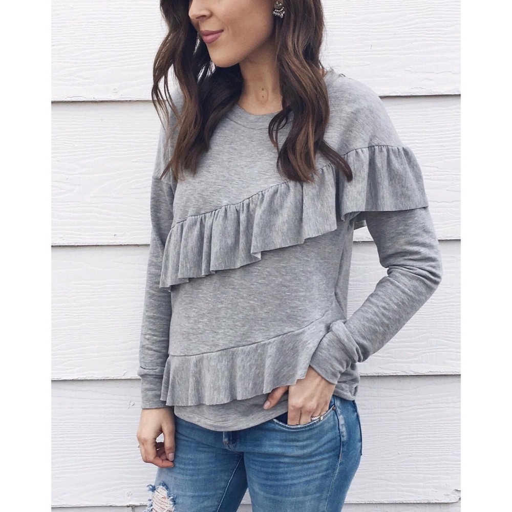Ruffled Long Sleeve Women's Top - Gray